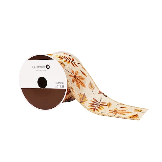 2.5" x 6.6yd. Fall Leaves Wired Faux Linen Ribbon by Celebrate It®